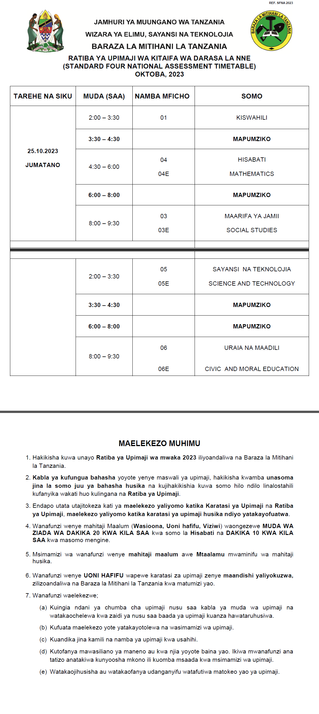 NECTA Ratiba ya Mtihani Darasa la Nne 2023 8211 SFNA NECTA: Ratiba ya Mtihani Darasa la Nne 2023 – SFNA Time Table