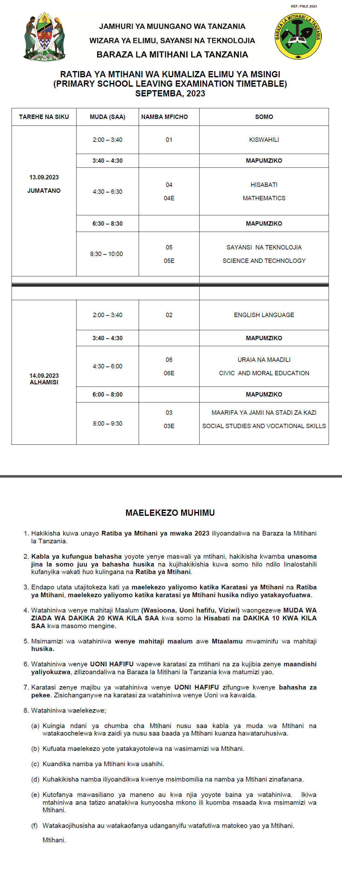 NECTA Ratiba ya Mtihani Darasa la Saba 2023 8211 PSLE NECTA: Ratiba ya Mtihani Darasa la Saba 2023 – PSLE Time Table