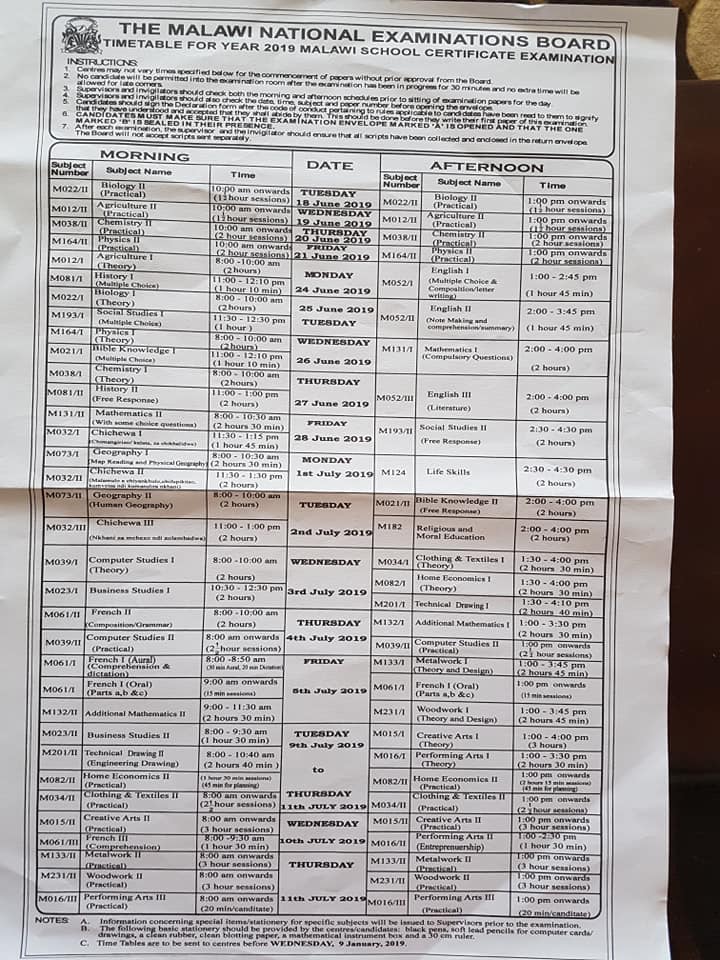 msce timetable MANEB MSCE Examination Time Table 2022 (Malawi)