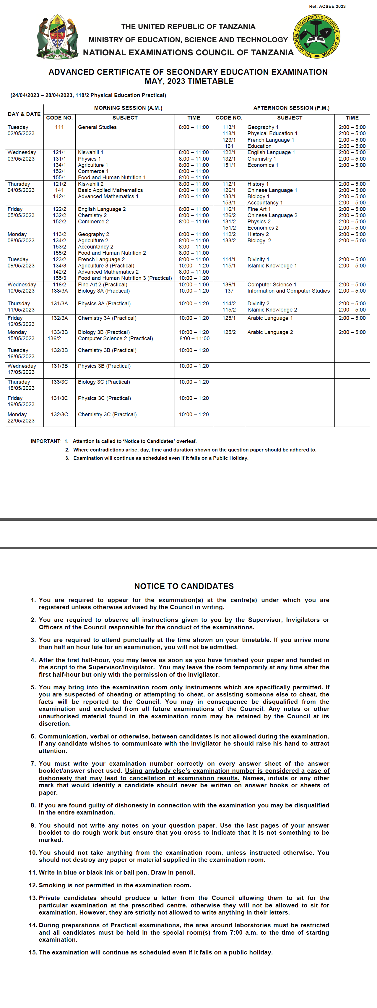 six acsee Form Six (ACSEE) Time Table | Ratiba ya Form six